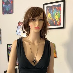 Vintage Black Enamel Silvertone Metal Beaded Cross 25” long STG stamp Ha…